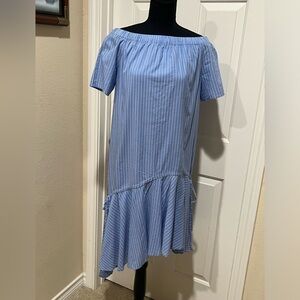 TOM GREYHOUND WOMENS OFF THE SHOULDER HIGH LOW BLUE STRIPED DRESS SIZE XS.